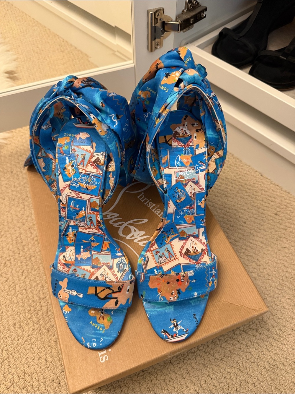 Christian Louboutin Blue Travel-Print Silk Knot-Ankle Heels